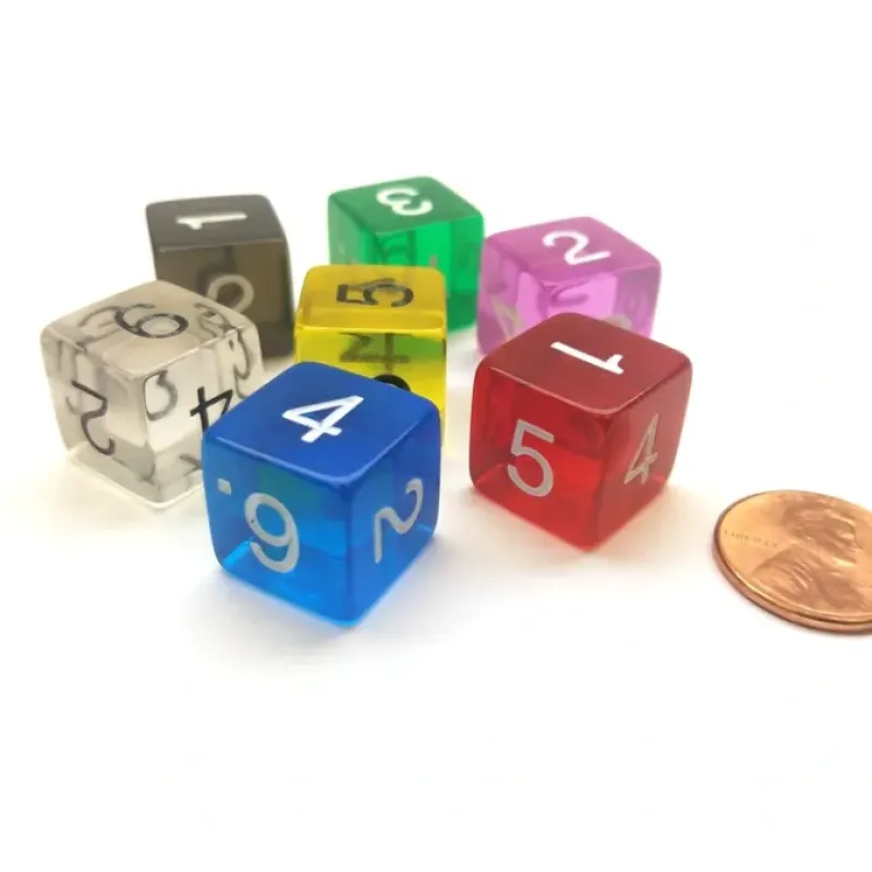 Dice-7 Transparent D6 16mm Numbered Dice - Blue Clear Green Orchid Red Smoke Yellow - Your Source for Gaming Essentials