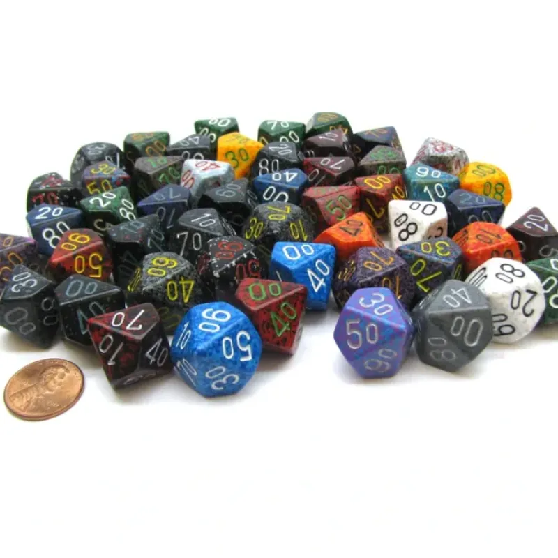 Dice-Bag of 50 Assorted Loose Speckled Polyhedral 16mm Tens D10 Dice - Your Source for Gaming Essentials