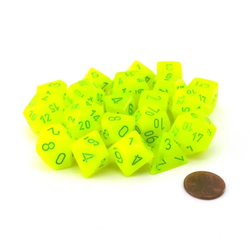 Dice-Bag of 20 Vortex Polyhedral Dice - Electric Yellow with Green Numbers - Your Source for Gaming Essentials