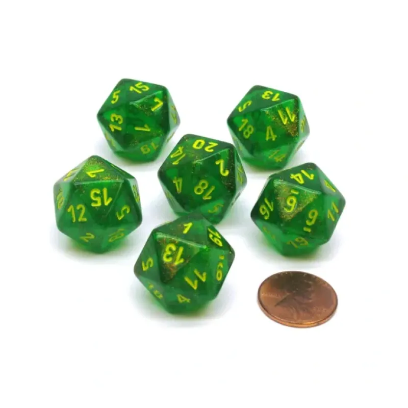 Dice-Borealis 20 Sided D20 Chessex Dice, 6 Pieces - Maple Green with Yellow Numbers - Your Source for Gaming Essentials