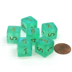 Dice-Borealis 15mm 6 Sided D6 Chessex Dice, 6 Pieces - Light Green with Gold Numbers - Your Source for Gaming Essentials