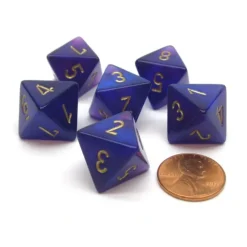 Dice-Borealis 15mm 8 Sided D8 Chessex Dice, 6 Pieces - Royal Purple with Gold - Your Source for Gaming Essentials