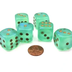 Dice>Borealis 20mm Big D6 Chessex Dice, 6 Pieces - Light Green with Gold Pips - Your Source for Gaming Essentials