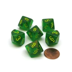 Dice-Borealis 16mm D10 (0-9) Chessex Dice, 6 Pieces - Maple Green with Yellow Numbers - Your Source for Gaming Essentials