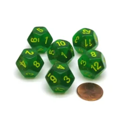 Dice-Borealis 18mm D12 Chessex Dice, 6 Pieces - Maple Green with Yellow Numbers - Your Source for Gaming Essentials