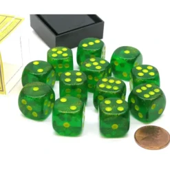 Dice-Borealis 16mm D6 Chessex Dice Block (12 Die) - Maple Green with Yellow Pips - Your Source for Gaming Essentials