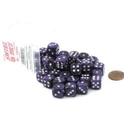 Dice>Case of 36 Deluxe Swirl Small 12mm Round Edge Dice - Purple with White Pips - Your Source for Gaming Essentials