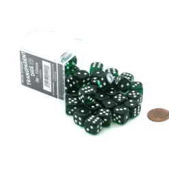 Dice>Case of 36 Deluxe Transparent Small 12mm Round Edge Dice - Green with White Pips - Your Source for Gaming Essentials