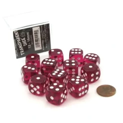 Dice>Case of 12 Deluxe Transparent 16mm Round Edge Dice - Magenta with White Pips - Your Source for Gaming Essentials
