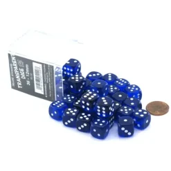 Dice>Case of 36 Deluxe Transparent Small 12mm Round Edge Dice - Blue with White Pips - Your Source for Gaming Essentials