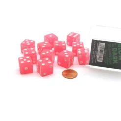 Dice>Case with 12 16mm Glow in the Dark Dice - Peach Color with White Pips - Your Source for Gaming Essentials