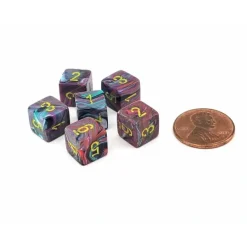 Dice>Festive 9mm Mini 6 Sided D6 Dice, 6 Pieces - Mosaic with Yellow Numbers - Your Source for Gaming Essentials