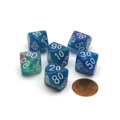 Dice>Festive 16mm Tens D10 (00-90) Chessex Dice, 6 Pieces - Waterlily with White - Your Source for Gaming Essentials