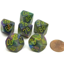 Dice>Festive 16mm Tens D10 (00-90) Chessex Dice, 6 Pieces - Rio with Yellow Numbers - Your Source for Gaming Essentials