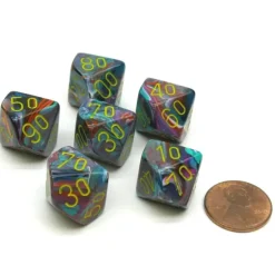 Dice-Festive 16mm Tens D10 (00-90) Dice, 6 Pieces - Mosaic with Yellow Numbers - Your Source for Gaming Essentials