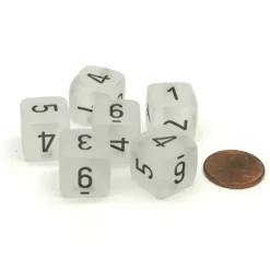 Dice>Frosted 15mm 6 Sided D6 Chessex Dice, 6 Pieces - Clear with Black Numbers - Your Source for Gaming Essentials