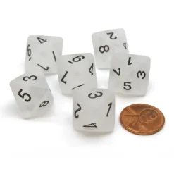Dice>Frosted 15mm 8 Sided D8 Chessex Dice, 6 Pieces - Clear with Black - Your Source for Gaming Essentials