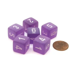 Dice>Frosted 15mm 6 Sided D6 Chessex Dice, 6 Pieces - Purple with White Numbers - Your Source for Gaming Essentials