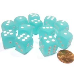 Dice>Frosted 16mm D6 Chessex Dice Block (12 Dice) - Teal with White Pips - Your Source for Gaming Essentials