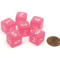 Dice>Frosted 15mm D6 Polyhedral Chessex Dice, 6 Pieces - Pink with White Numbers - Your Source for Gaming Essentials
