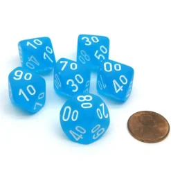 Dice>Frosted 16mm Tens D10 (00-90) Chessex Dice, 6 Pieces - Caribbean Blue with White - Your Source for Gaming Essentials