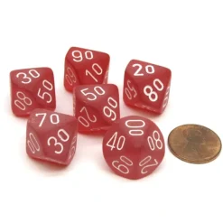 Dice>Frosted 16mm Tens D10 (00-90) Chessex Dice, 6 Pieces - Red with White Numbers - Your Source for Gaming Essentials