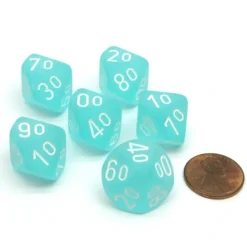 Dice>Frosted 16mm Tens D10 (00-90) Chessex Dice, 6 Pieces - Teal with White Numbers - Your Source for Gaming Essentials