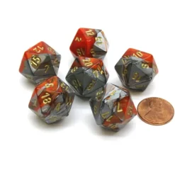 Dice>Gemini 20 Sided D20 Chessex Dice, 6 Pieces - Orange-Steel with Gold Numbers - Your Source for Gaming Essentials