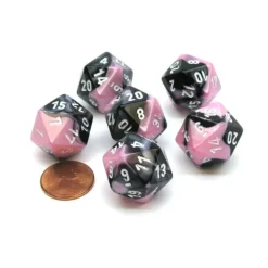 Dice>Gemini 20 Sided D20 Chessex Dice, 6 Pieces - Black-Pink with White Numbers - Your Source for Gaming Essentials