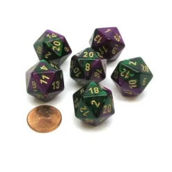 Dice>Gemini 20 Sided D20 Chessex Dice, 6 Pieces - Green-Purple with Gold Numbers - Your Source for Gaming Essentials