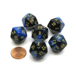 Dice>Gemini 20 Sided D20 Chessex Dice, 6 Pieces - Black-Blue with Gold Numbers - Your Source for Gaming Essentials
