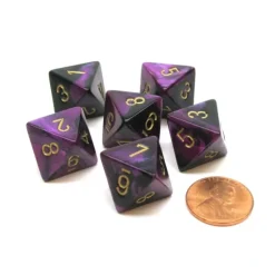 Dice>Gemini 15mm 8 Sided D8 Chessex Dice, 6 Pieces - Black-Purple with Gold - Your Source for Gaming Essentials