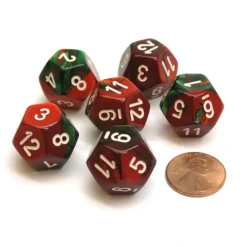 Dice>Gemini 18mm 12 Sided D12 Chessex Dice, 6 Pieces - Green-Red with White - Your Source for Gaming Essentials