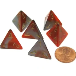 Dice>Gemini 18mm 4 Sided D4 Chessex Dice, 6 Pieces - Orange-Steel with Gold - Your Source for Gaming Essentials