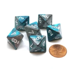 Dice>Gemini 15mm 8 Sided D8 Chessex Dice, 6 Pieces - Steel-Teal with White - Your Source for Gaming Essentials