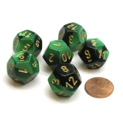 Dice>Gemini 18mm 12 Sided D12 Chessex Dice, 6 Pieces - Black-Green with Gold - Your Source for Gaming Essentials