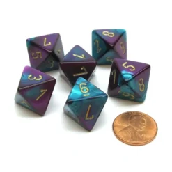Dice>Gemini 15mm 8 Sided D8 Chessex Dice, 6 Pieces - Purple-Teal with Gold - Your Source for Gaming Essentials