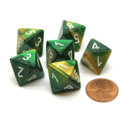 Dice>Gemini 15mm 8 Sided D8 Chessex Dice, 6 Pieces - Gold-Green with White - Your Source for Gaming Essentials