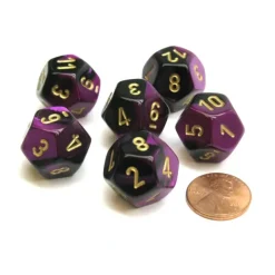 Dice>Gemini 18mm 12 Sided D12 Chessex Dice, 6 Pieces - Black-Purple with Gold - Your Source for Gaming Essentials