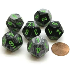 Dice>Gemini 18mm 12 Sided D12 Chessex Dice, 6 Pieces - Black-Grey with Green - Your Source for Gaming Essentials