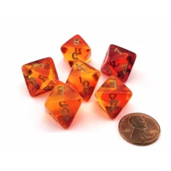 Dice>Gemini 15mm 8 Sided D8 Dice, 6 Pieces - Translucent Red-Yellow with Gold - Your Source for Gaming Essentials