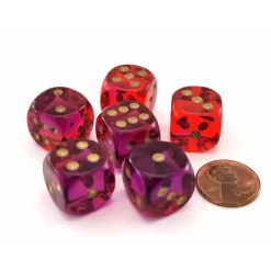 Dice>Gemini 16mm 6 Sided D6 Dice, 6 Pieces - Translucent Red-Violet with Gold Numbers - Your Source for Gaming Essentials