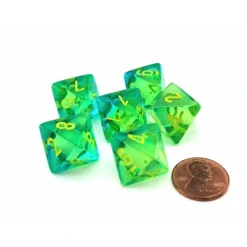 Dice>Gemini 15mm 8 Sided D8 Dice, 6 Pieces - Translucent Green-Teal with Yellow - Your Source for Gaming Essentials