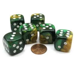 Dice>Gemini 20mm Big D6 Chessex Dice, 6 Pieces - Gold-Green with White Pips - Your Source for Gaming Essentials