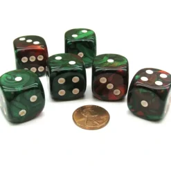 Dice>Gemini 20mm Big D6 Chessex Dice, 6 Pieces - Green-Red with White Pips - Your Source for Gaming Essentials