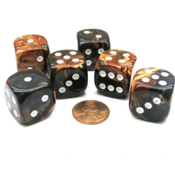 Dice>Gemini 20mm Big D6 Chessex Dice, 6 Pieces - Black-Copper with White Pips - Your Source for Gaming Essentials