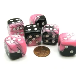 Dice>Gemini 20mm Big D6 Chessex Dice, 6 Pieces - Black-Pink with White Pips - Your Source for Gaming Essentials