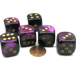 Dice>Gemini 20mm Big D6 Chessex Dice, 6 Pieces - Black-Purple with Gold Pips - Your Source for Gaming Essentials