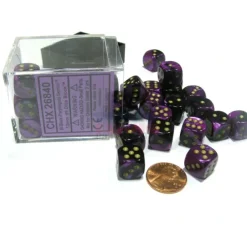 Dice>Gemini 12mm D6 Chessex Dice Block (36 Dice) - Black-Purple with Gold Pips - Your Source for Gaming Essentials