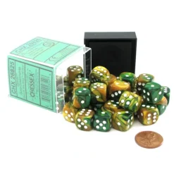 Dice>Gemini 12mm D6 Chessex Dice Block (36 Dice) - Gold-Green with White Pips - Your Source for Gaming Essentials
